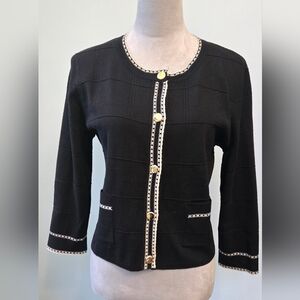 Adrianna Papell cardi-jacket black self-pattern ivory details gold buttons sz M
